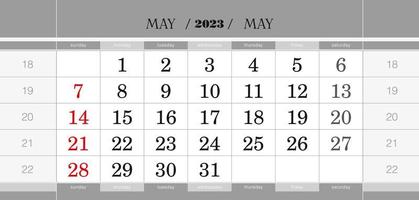 May 2023 quarterly calendar block. Wall calendar in English, week starts from Sunday. vector