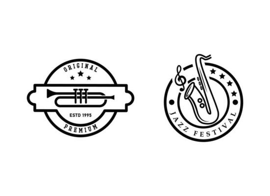 Trumpet logo design, generate melody, musical jazz instrument vector sketch illustration