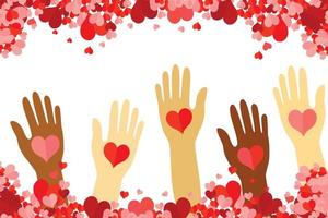 human hands volunteer with hearts isolate on white background. vector