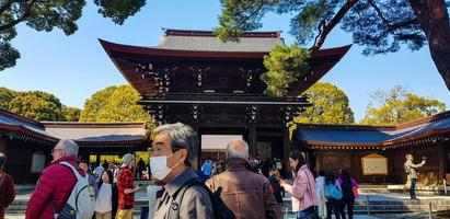 Japan on April 2019. Tourists from Asia, India, America and Europe are visiting Meiji Temple. photo