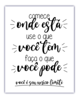 Framed encouraging lettering phrase in Brazilian Portuguese. Perfect for decoration and illustrations. Translation - Start where you are, use what you have, do what you can. png