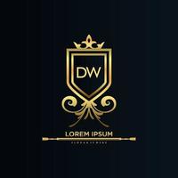 letra dw inicial con plantilla real.elegante con vector de logotipo de corona, ilustración de vector de logotipo de letras creativas.