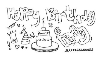 set of hand drawn doodle cartoon objects and symbols on the birthday party. vector