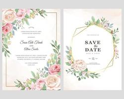 Watercolor vector set wedding invitation card template design with green leaves and flowers, invitation card save the date design with pink flowers