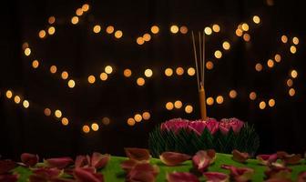 Banana leaf Krathong with 3 incense sticks and candle decorates with pink lotus flower for Thailand Full moon or Loy Krathong festival.