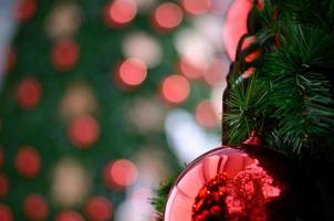 Red bauble and lights decorate on Christmas tree with bokeh background of other Christmas tree. photo