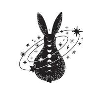 conejo mágico con estrellas y espacio al estilo escandinavo. liebre mística minimalista. en blanco y negro. vector