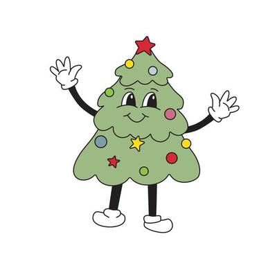 Cartoon Christmas tree mascot character 40s, 50s, 60s old animation style. Vintage comic in trendy cool retro style.