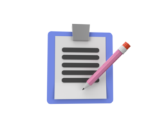 3d Illustration Clipboard and pencil with sheets of paper, document icon, notes, report. png