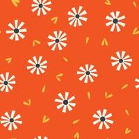 patrón impecable con margaritas de flores florales con hojas amarillas y pequeños corazones sobre fondo naranja. flores simples y fondo transparente brillante. estampado feliz para textiles, papel tapiz de vivero en casa. vector