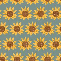 Seamless vector Sunflower Flowers Pattern on dark blue background, hand drawn backdrop. Repeatable motif for seasonal Autumn, Fall and Thanksgiving. Brick repeat simple seamless style.