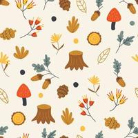 Seamless pattern of garden in autumn season with woods, oaks, dried leaves, mushrooms, flowers and dots. Repeatable motif for seasonal September fall, October party, November sales. Simple texture. vector