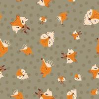 Seamless pattern with autumnal fox cartoons and dots on dark green background Vector illustration. Cute childish print. Autumn unisex design for textile, fabric, wallpaper, packaging, decoration.