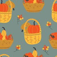 Seamless pattern of baskets with pumpkins, squash, gourds and fall berry on dark blue background. Repeatable motif for seasonal Autumn, Fall and Thanksgiving. Vector flat Illustration. Repeat brick.