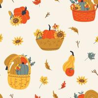 Seamless pattern of baskets with colorful sunflowers, berry, pumpkins, squash, gourds and maple leaves on light background. Repeatable motif for seasonal Fall, Autumn and Thanksgiving vector