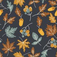 Seamless pattern of autumn leaves with maple branches, leaves, rowan berry on black dark background. Repeatable motif for seasonal fall. Forest nature illustrations for wallpaper, fabric, prints. vector