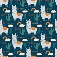 seamless pattern with cute funny lamas on deep blue background vector