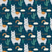 seamless pattern with cute funny lamas on deep blue background vector