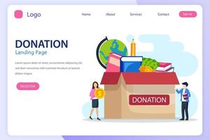 Charity volunteer holding a donation box. Concept of volunteering and charity. Flat vector
