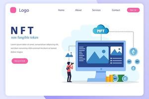 NFT non fungible token, digital crypto art blockchain technology, flat vector illustration,