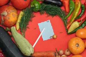 Vegetables are laid out around a sheet of paper and a pencil. Empty space for text. Vegetables, empty blank for recipe on a red background. photo