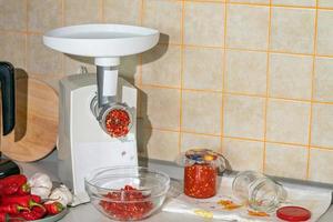 cooking adjika from hot pepper and garlic ground in a meat grinder. preparations for the winter. folk remedy for flu and colds photo