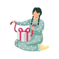 Vector illustration of a girl unpacking a Christmas gift.