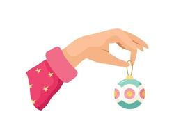 Vector illustration of a hand hanging a Christmas ball. New Year. Holidays