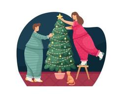 Vector illustration of a woman and a man decorating a Christmas tree with Christmas balls.