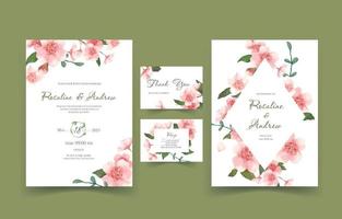 conjunto de invitación de boda con flor de sakura acuarela vector