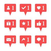 Set of nine notifications in social media. Heart, star, follower, message, check, gift, comment, like, repost. Vector illustration.