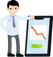 Businessman and big mobile phone. Man in suit. Happy office worker. Modern technology. Cartoon flat illustration. Red arrow business chart of successful growth. vector