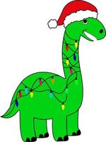 Green dinosaur in Santa's hat and a garland of lights on a white background. Happy new year postcard, banner. vector