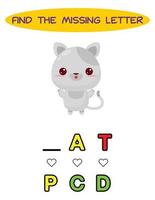 encontrar la letra que falta. gato kawaii. juego educativo de ortografía para niños. vector