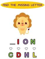 encontrar la letra que falta. león kawaii. juego de ortografía educativo para niños. vector