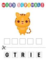 Tiger Word scramble . Educational game for kids. English language spelling worksheet for preschool children vector