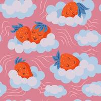 cute strawberry sleeping on the clouds. seamless pattern. strawberries with whipped cream. vector