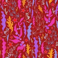 various algae of yellow, lilac, pink colors, starfish on a dark red background. seamless pattern. vector