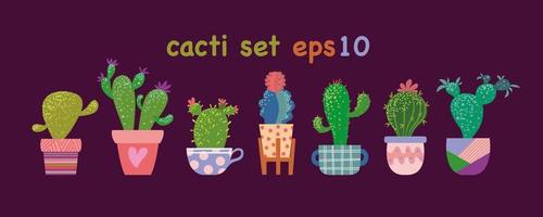 conjunto vectorial de varios cactus en una variedad de macetas y macetas ornamentales. vector