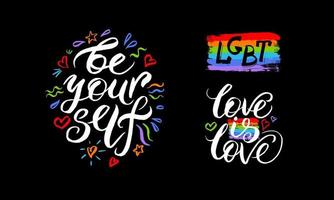 Pride symbol, LGBT, sexual minorities, gays and lesbians. Banner Love is love. Banner Be your self. Template designer sign, icon colorful brush strockes rainbow. vector