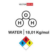 H2O water liquid molecule icon consisting of oxygen and hydrogen. Flat. Vector illustration, molecule structure information with molecular weight and nfpa diamond