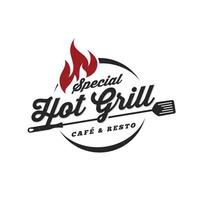 logotipo vintage de barbacoa caliente a la parrilla, vector retro de barbacoa, icono de restaurante y comida a la parrilla, icono de fuego rojo