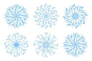 Collection of artistic blue snowflakes with watercolor texture. Stock vector set. Can be used for printed materials, prints, posters, cards, logo. Abstract background. Hand drawn decorative elements.