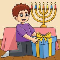 niño de hanukkah con dibujos animados de colores de regalo vector