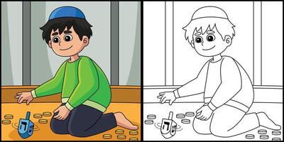 Hanukkah Boy Playing Dreidel Coloring Illustration vector