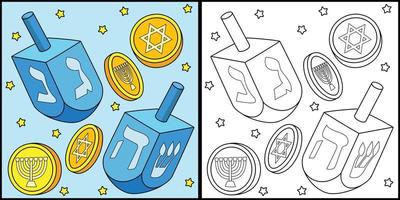 hanukkah dreidel y monedas para colorear ilustración vector