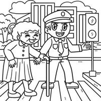 Police Helping Old Woman Coloring Page for Kids vector