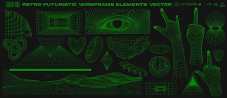 Retro futuristic grid, wireframe, abstract geometry, brutalism, rave design elements collection vector