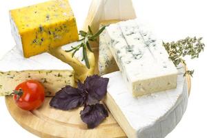 Variety Cheeses on wooden board and white background photo