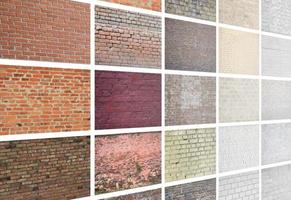 A collage of many pictures with fragments of brick walls of different colors close-up. Set of images with varieties of brickwork photo